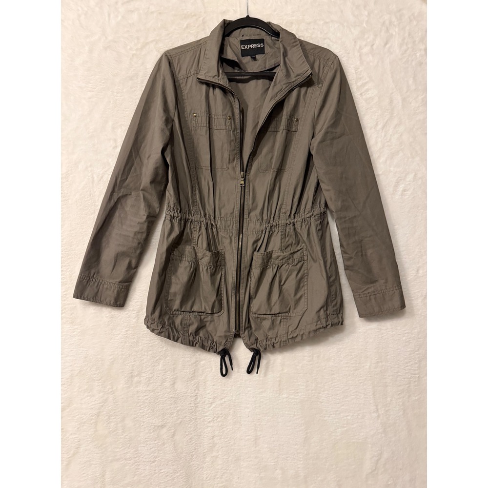 Express Womens Utility Jacket Small Olive Taupe Cinched Waist Full Zip Cotton